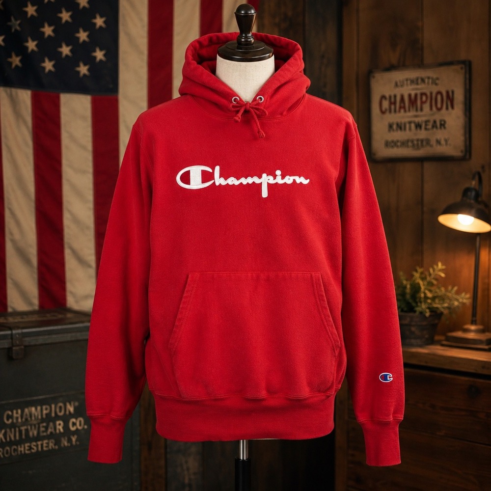 Vintage Champion Reverse Weave Hoodie XL Red Big Script Logo Y2K Embroidered